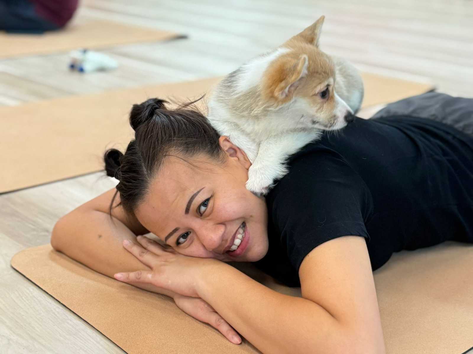 Student at a puppy yoga event